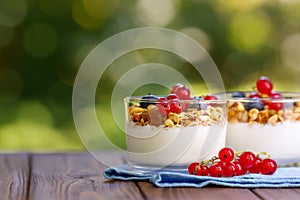 granola with greek yogurt and berries in two glasses