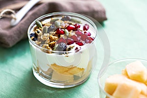 Granola with Greek yogurt and Cantaloupe