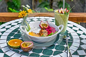 Granola with greek yogurt, honey, fresh fruits, chia seeds