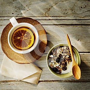 Granola Lemon Tea Morning Meal Breakfast Muesil Concept photo