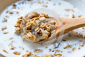Granola with milk in a spoon