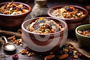 granola mix with dried fruits and nuts in ceramic bowls
