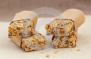 Granola muesli bars with chocolate and seeds