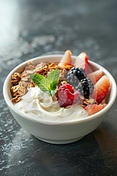 Granola muesli breakfast cereal, with milk and fresh fruit