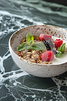Granola muesli breakfast cereal, with milk and fresh fruit