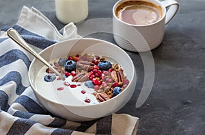 Granola, muesli with pomegranate seeds, blueberries and yogurt