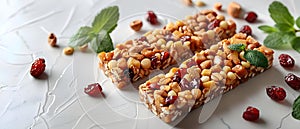 Granola protein bars captured from a distinctive perspective against a white background. Concept