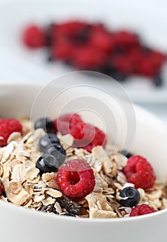 Granola with raspberries and blueberries