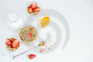 Granola with Strawberries Milk and Honey Breakfast Healthy Food