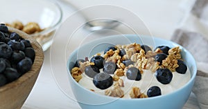 Granola with yogurt and blueberries.