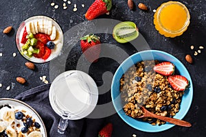 Granola, yogurt, fresh fruits and honey jar