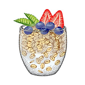 Granola yogurt in glass with strawberries, blueberries, mint. Oatmeal healthy breakfast, oat grain porridge. Cereal food