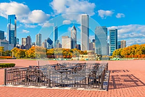 Grant Park in autumn is colorful with the Chicago Illinois skyline