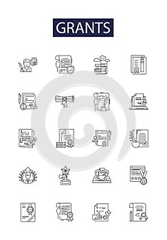 Grants line vector icons and signs. Funds, Subsidies, Endowments, Scholarships, Stipends, Donations, Bursaries