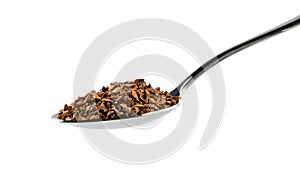 Granulated instant coffee on metal spoon isolated on white