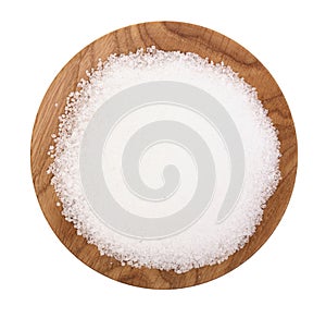 Granulated sugar in wooden bowl isolated on white background. Top view. Flat lay