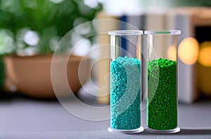 Granules of eco-friendly plastic in test tubes
