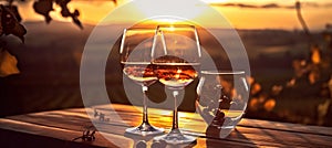 grape barrel beverage glass wine drink alcohol bottle winery sunset. Generative AI.