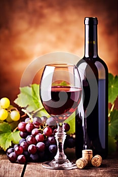 grape beverage alcohol wine food drink glass bottle background winery leaf. Generative AI.