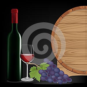 Grape,Bottle wine,Glass wine and wooden barrel,Vector illustration