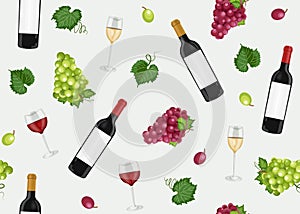 Grape bunch seamless pattern with red, white wine glasses and bottles on gray background, Red and white grapes pattern