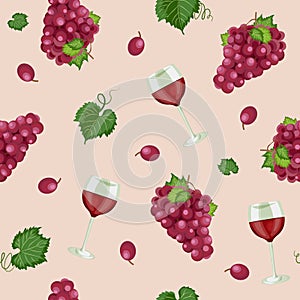 Grape bunch seamless pattern with red wine glasses on rose pink background, Red grapes pattern background, Red wine