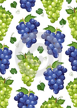 Grape bunch seamless pattern on white background with leaves, Fresh organic food, Dark blue and white grape pattern