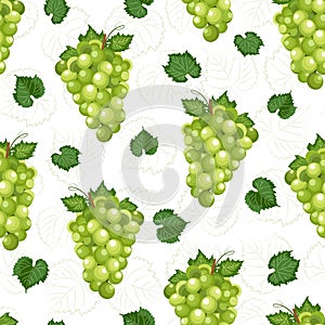 Grape bunch seamless pattern on white background with leaves and sketch, Fresh organic food, White grapes pattern