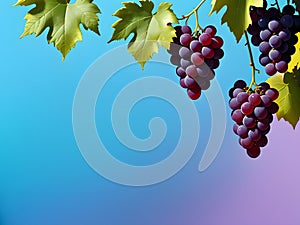 Grape bunches, grape leaves on blue background, layout space for text