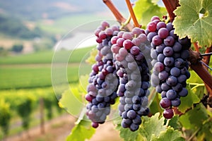 grape cluster with vineyard hill backdrop