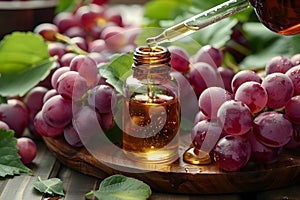 Grape Extract Bottles with Fresh Grapes and Leaves - Natural Oils for Wellness and Skincare Generative AI photo