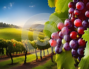 Grape field growing for wine. Vineyard hills. Summer scenery with wineyard rows. Digital illustration. Amazing CG