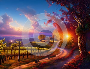 Grape field growing for wine. Vineyard hills. Summer scenery with wineyard rows. Digital illustration. Amazing CG