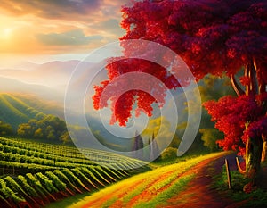 Grape field growing wine. Vineyard hills. Summer scenery with wineyard rows. Digital illustration. Amazing CG Artwork