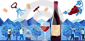 Grape harvest, wine production vector illustration, cartoon flat winemaker characters harvesting, making alcohol drink