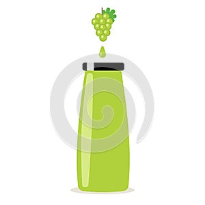 Grape juice in bottle with grapes, leaves and glass