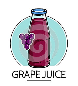 Grape juice in a glass bottle isolated on white background vector illustration, cartoon style logo or badge for pure fresh juice,