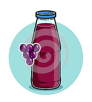 Grape juice in a glass bottle isolated on white background vector illustration, cartoon style logo or badge for pure fresh juice,