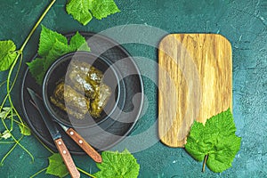 Grape leaves stuffed with meat and rice photo