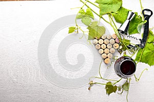 Grape motive. A bottle and a glass of wine and grape leaves.