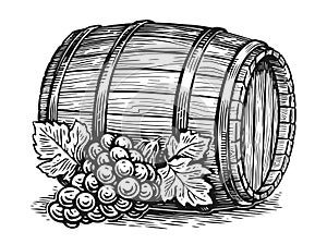 Grape and old wooden barrel. Oak cask sketch. Vintage illustration