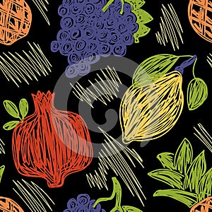 Grape, pomegranate, lemon and pineapple. Fruit bundle seamless pattern. Color vector illustration set. Pen or marker