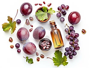 Grape seed essential oil on white background