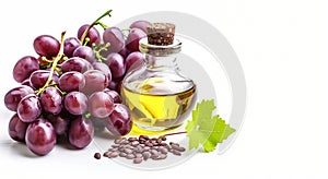 Grape seed essential oil on white background