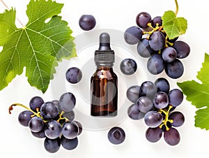 Grape seed essential oil on white background