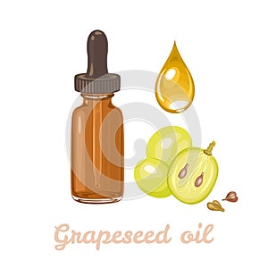 Grape seed oil in amber bottle with dropper, half grape berry, seeds and drop of oil