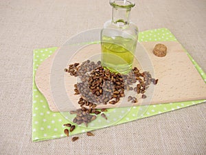 Grape seed oil, oil from grapeseeds in a bottle