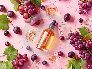 Grape Seed Oil Organic Cosmetics, Grape Skincare Cosmetic Product, Grapes and Water Splashes