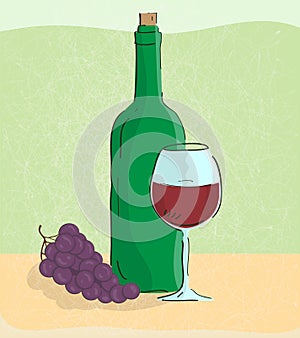 Grape vine and bottle of wine