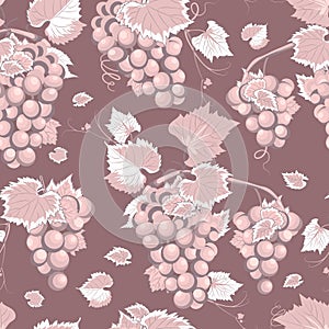 Grape vine seamless pattern and leaves on rose pink background, Fresh organic food, Grape bunch pattern background